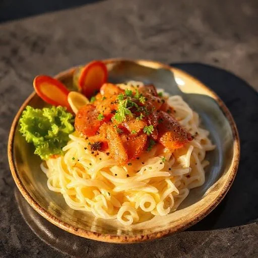 A wide shot showcasing the sophisticated interior of the restaurant during a soft evening glow. Focus on a beautifully set table with exquisite cutlery, crystal glassware, and elegant floral arrangements, creating an inviting, immersive dining experience. A subtle glassmorphic overlay on one side of the image with a decorative menu card or elegant text.